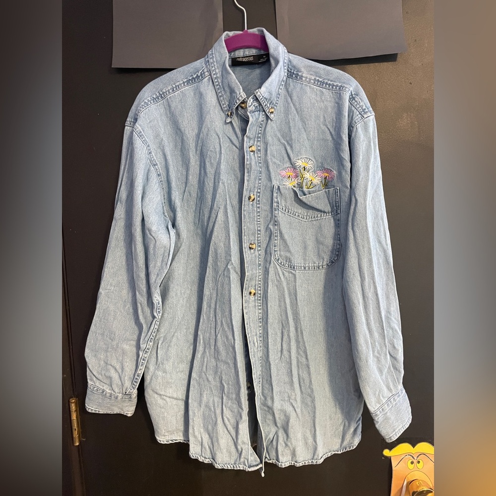 Light Blue Denim Button-Down Shirt with Embroidery